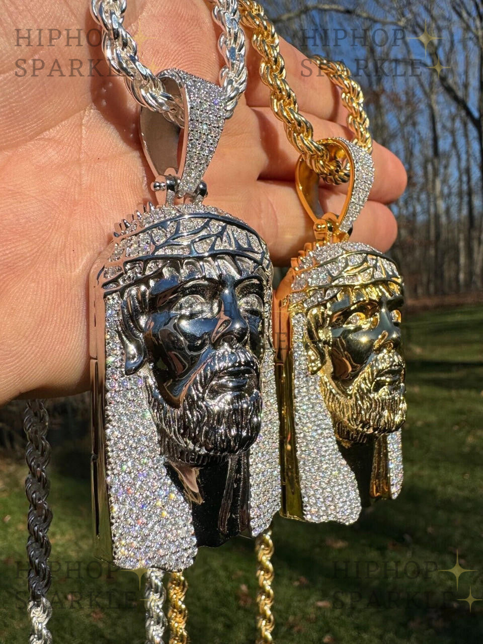 Moissanite Hip Hop Jesus Piece Opens Up Ten Commandments - 14k Yellow Gold Vermeil & 925 Silver