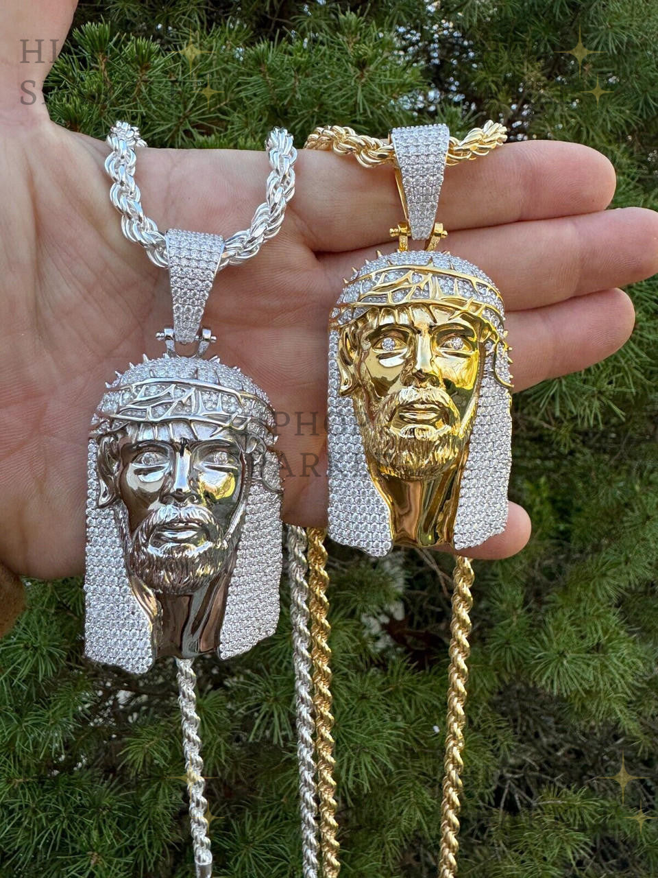 Moissanite Hip Hop Jesus Piece Opens Up Ten Commandments - 14k Yellow Gold Vermeil & 925 Silver