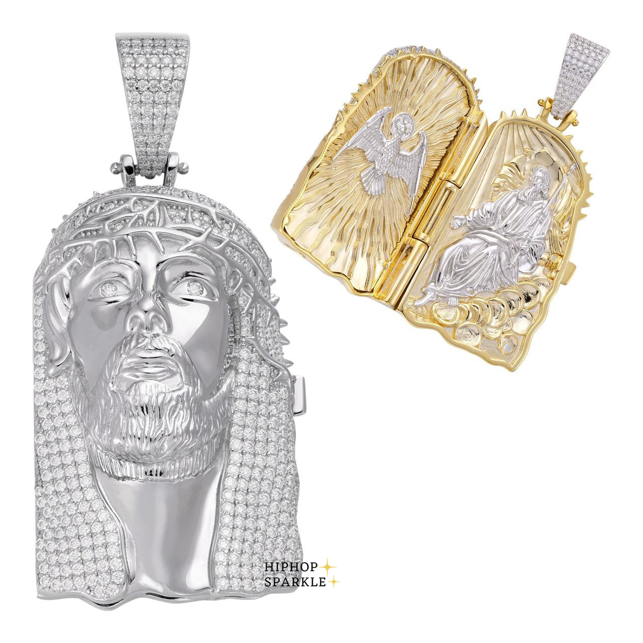 Moissanite Hip Hop Jesus Piece Opens Up Father Son & Holy Spirit - 14k Yellow Gold Vermeil & 925 Silver