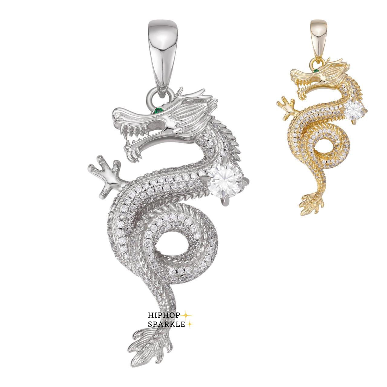 Moissanite 3D Dragon Hip Hop Pendant - 14k Gold Vermeil & 925 Silver