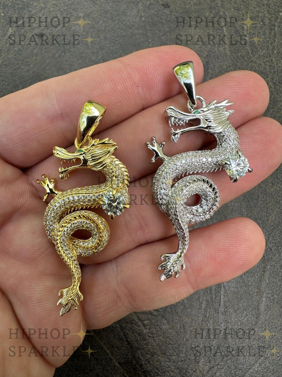 Moissanite 3D Dragon Hip Hop Pendant - 14k Gold Vermeil & 925 Silver