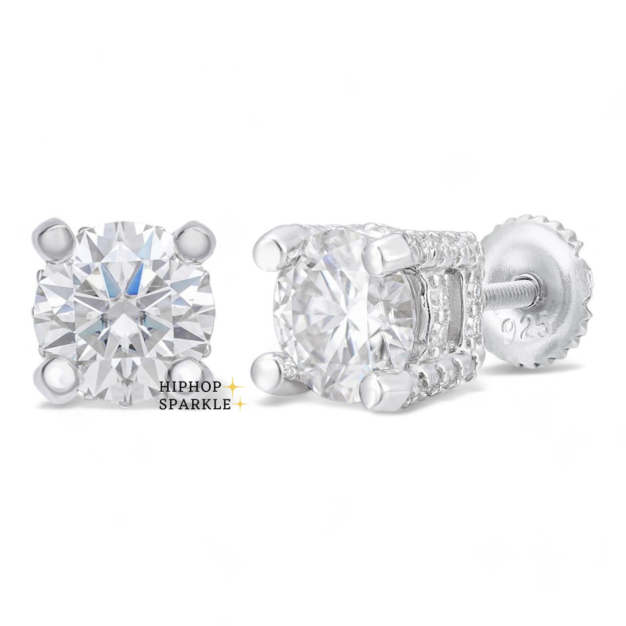 Moissanite Solitaire Stud Earrings - 925 Silver, Stones On All Sides, 5mm-8mm