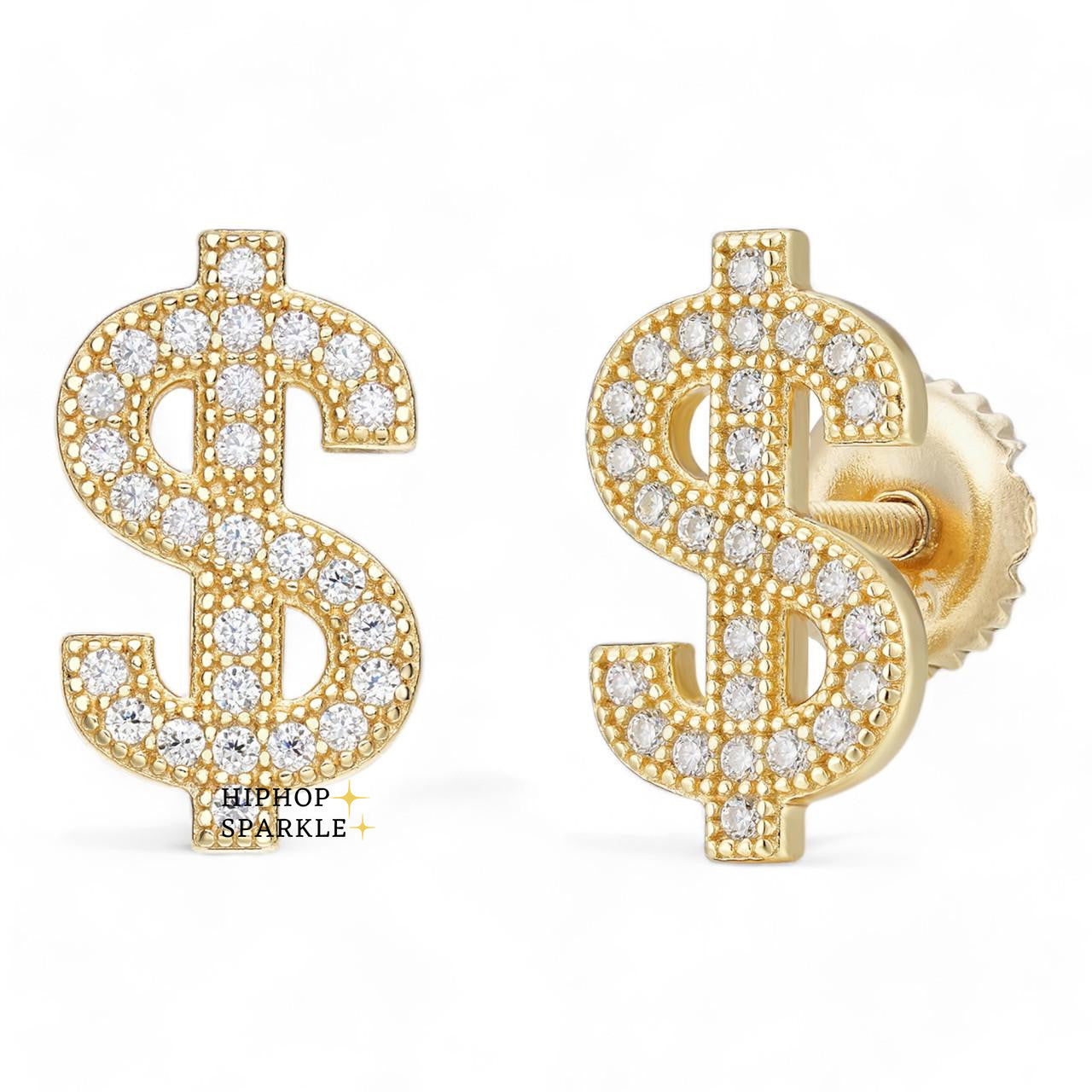 Moissanite Dollar Sign Iced Out Earrings - 14k Gold Vermeil & 925 Silver