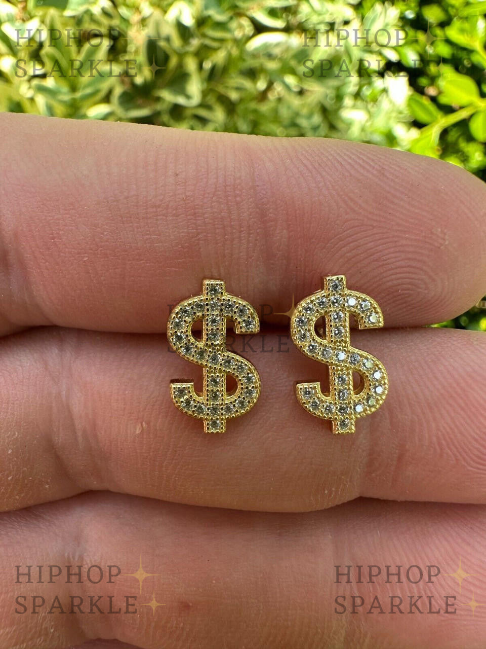 Moissanite Dollar Sign Iced Out Earrings - 14k Gold Vermeil & 925 Silver