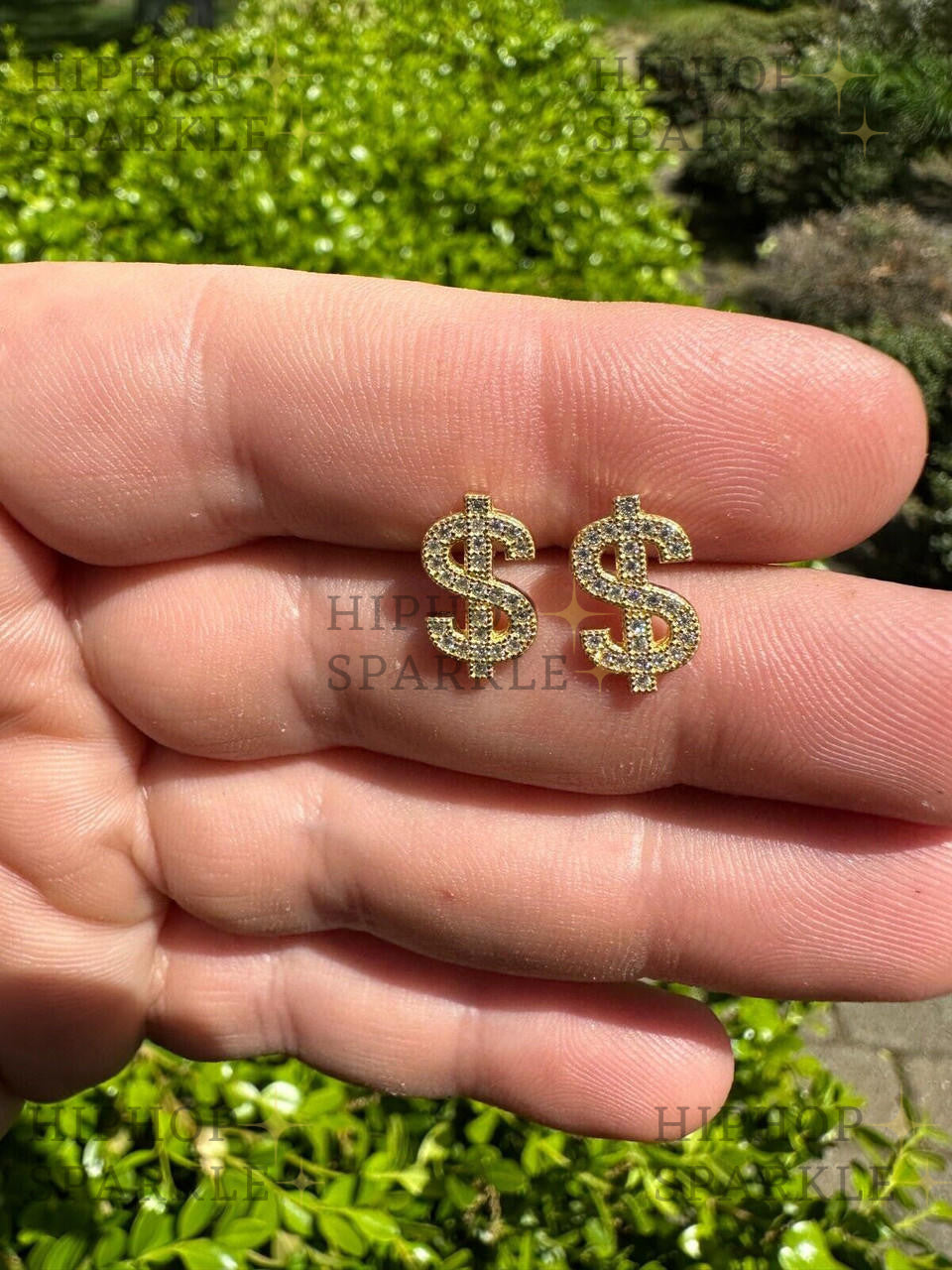 Moissanite Dollar Sign Iced Out Earrings - 14k Gold Vermeil & 925 Silver