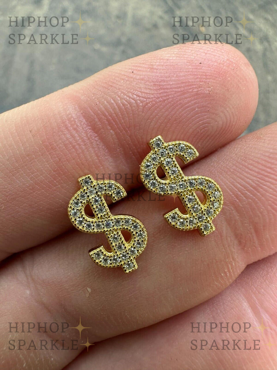 Moissanite Dollar Sign Iced Out Earrings - 14k Gold Vermeil & 925 Silver