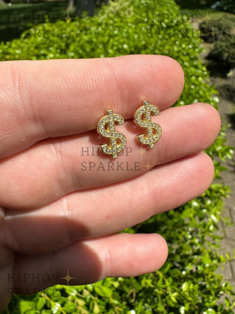 Moissanite Dollar Sign Iced Out Earrings - 14k Gold Vermeil & 925 Silver