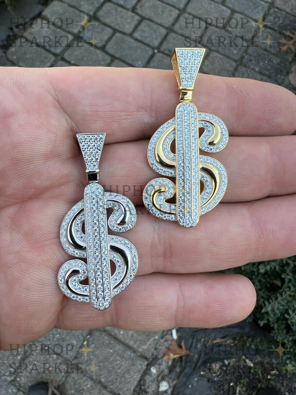 Moissanite Iced Out Dollar $ Sign Money Pendant - 14k Gold Vermeil & 925 Silver