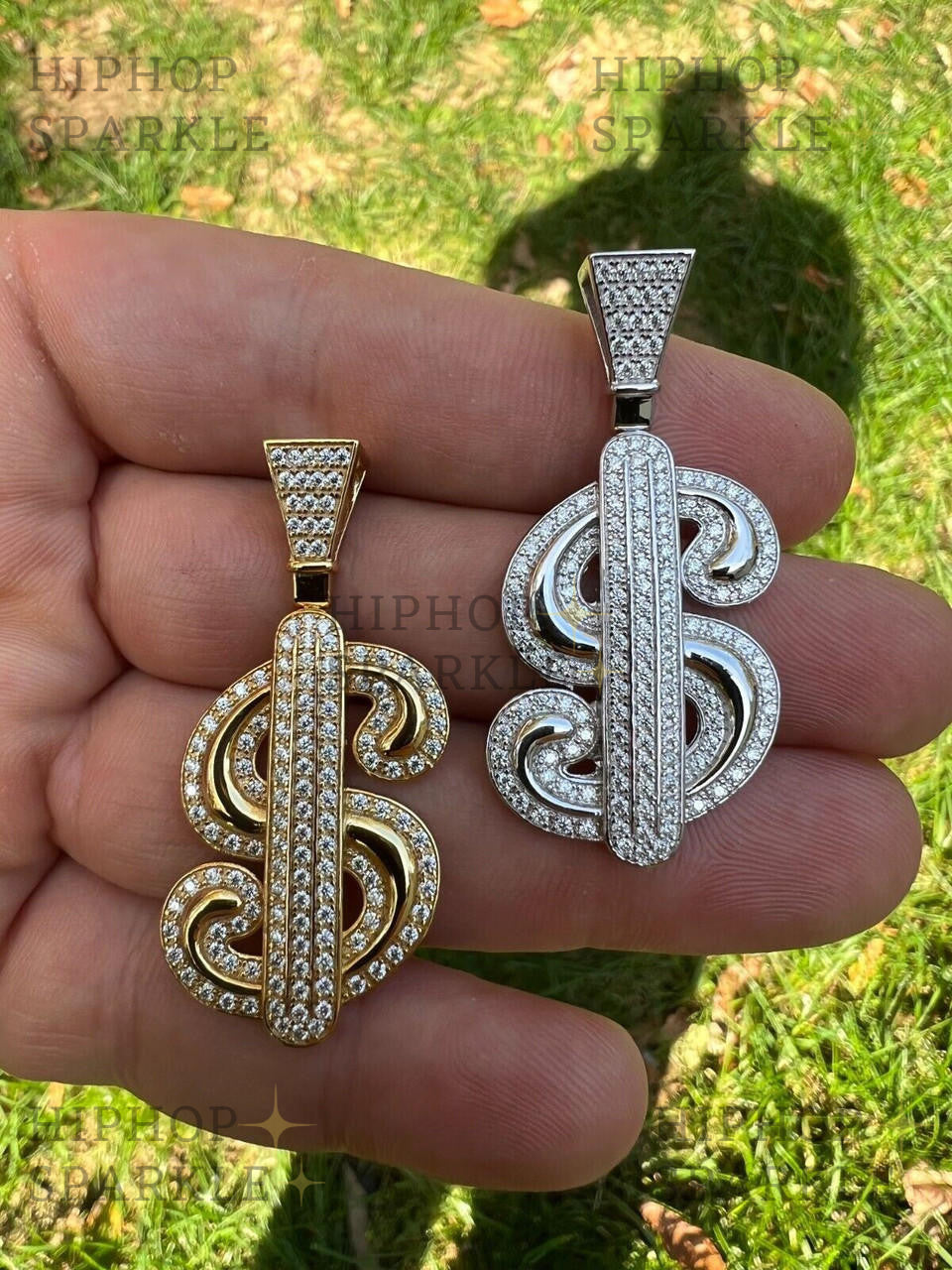 Moissanite Iced Out Dollar $ Sign Money Pendant - 14k Gold Vermeil & 925 Silver