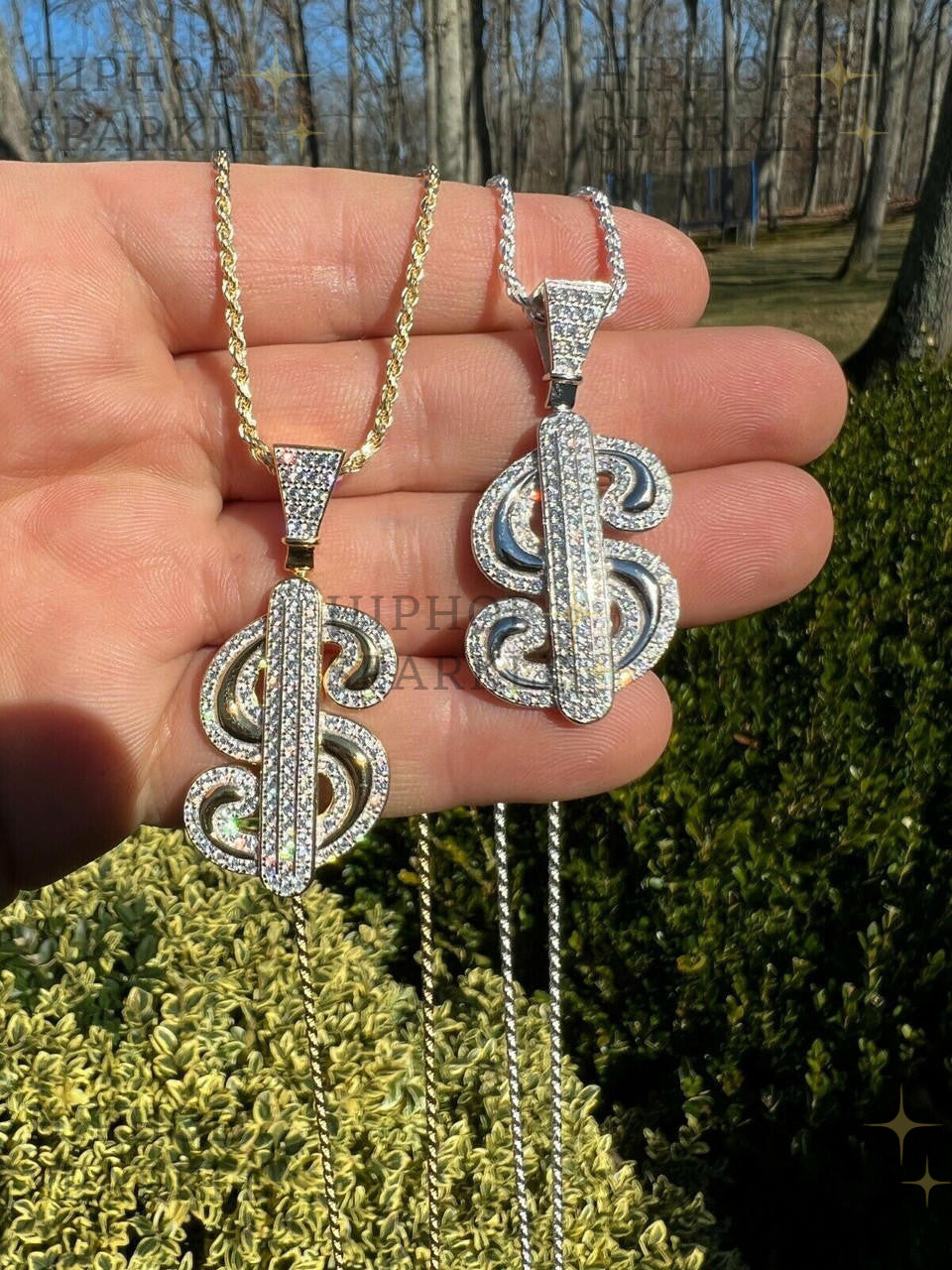 Moissanite Iced Out Dollar $ Sign Money Pendant - 14k Gold Vermeil & 925 Silver