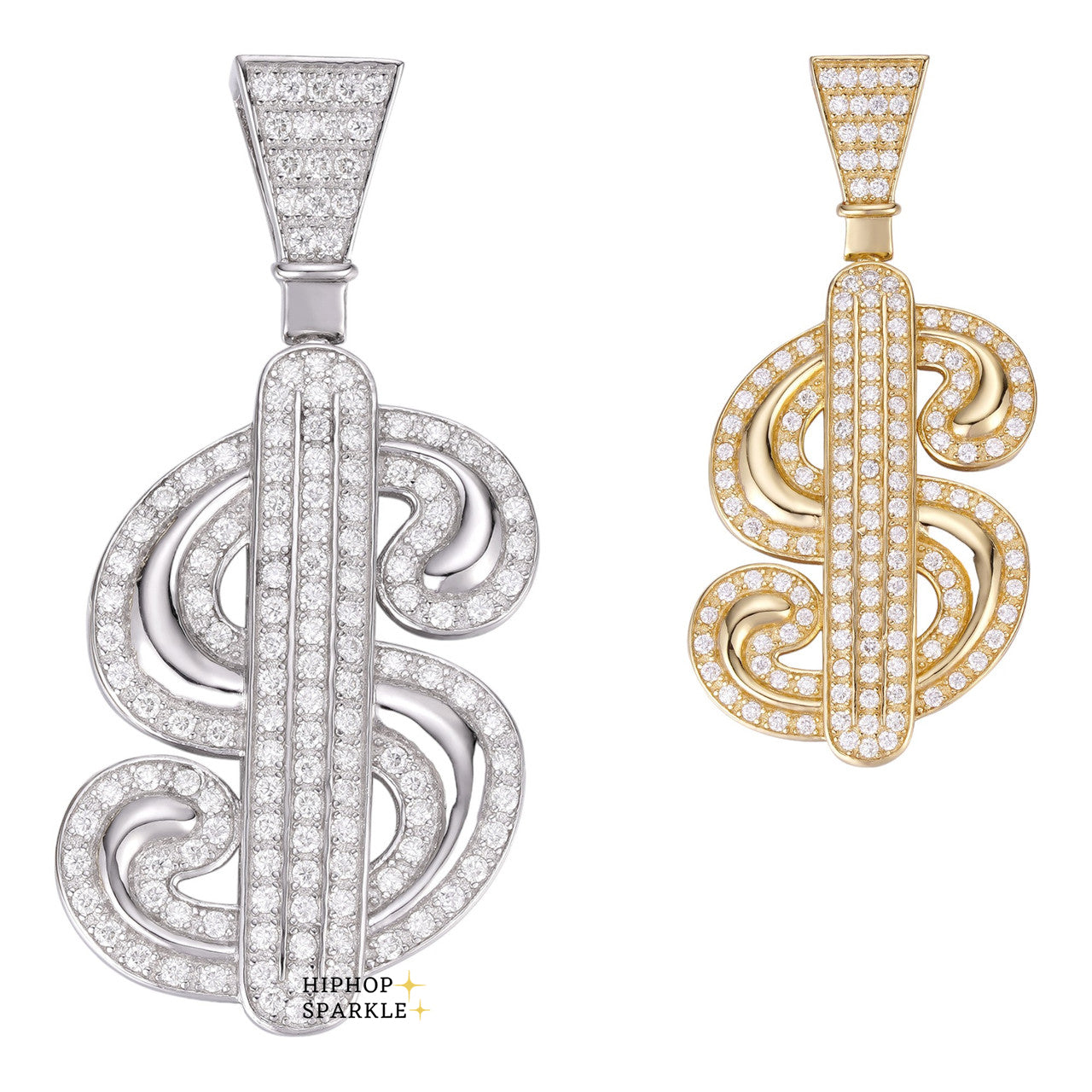 Moissanite Iced Out Dollar $ Sign Money Pendant - 14k Gold Vermeil & 925 Silver