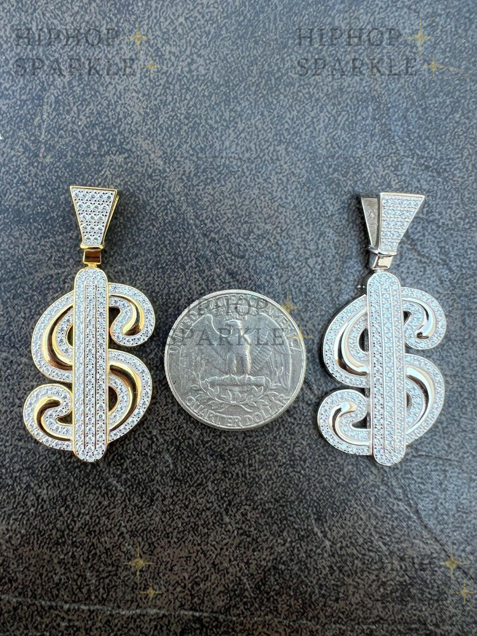 Moissanite Iced Out Dollar $ Sign Money Pendant - 14k Gold Vermeil & 925 Silver