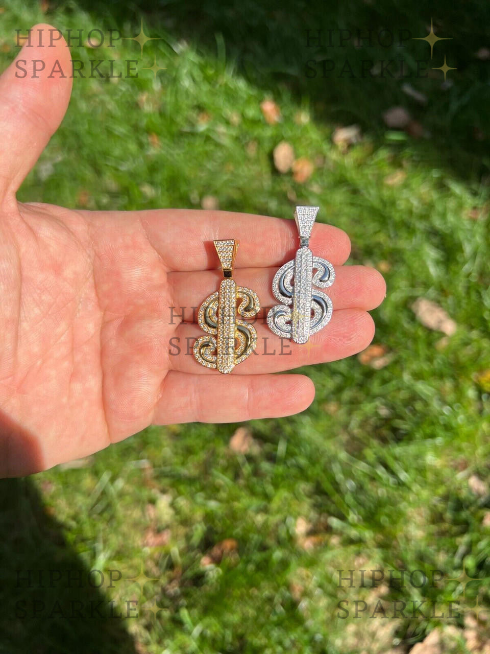 Moissanite Iced Out Dollar $ Sign Money Pendant - 14k Gold Vermeil & 925 Silver