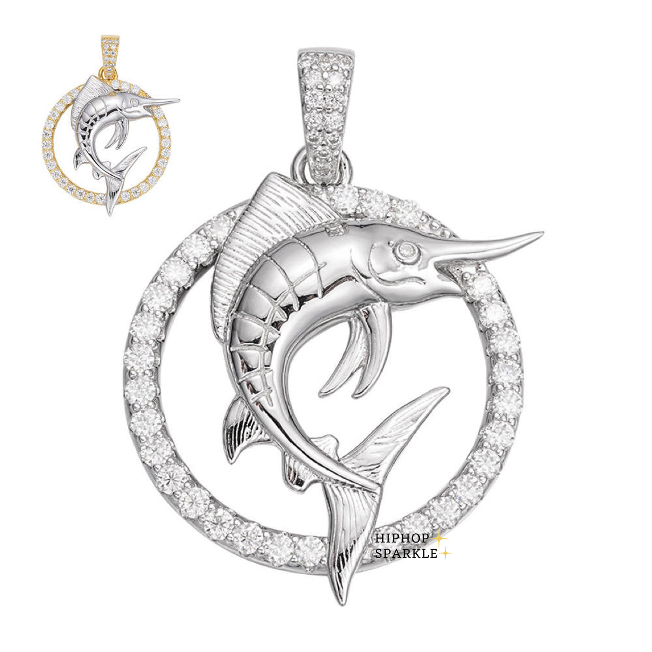 Moissanite Iced Swordfish Fishing Pendant - 925 Silver & Gold