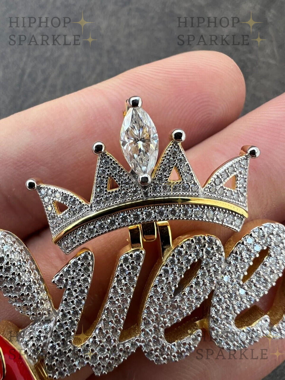 Moissanite Queen W. Crown & Lipstick Iced Out Pendant - 14k Yellow/Rose Gold Vermeil or 925 Silver