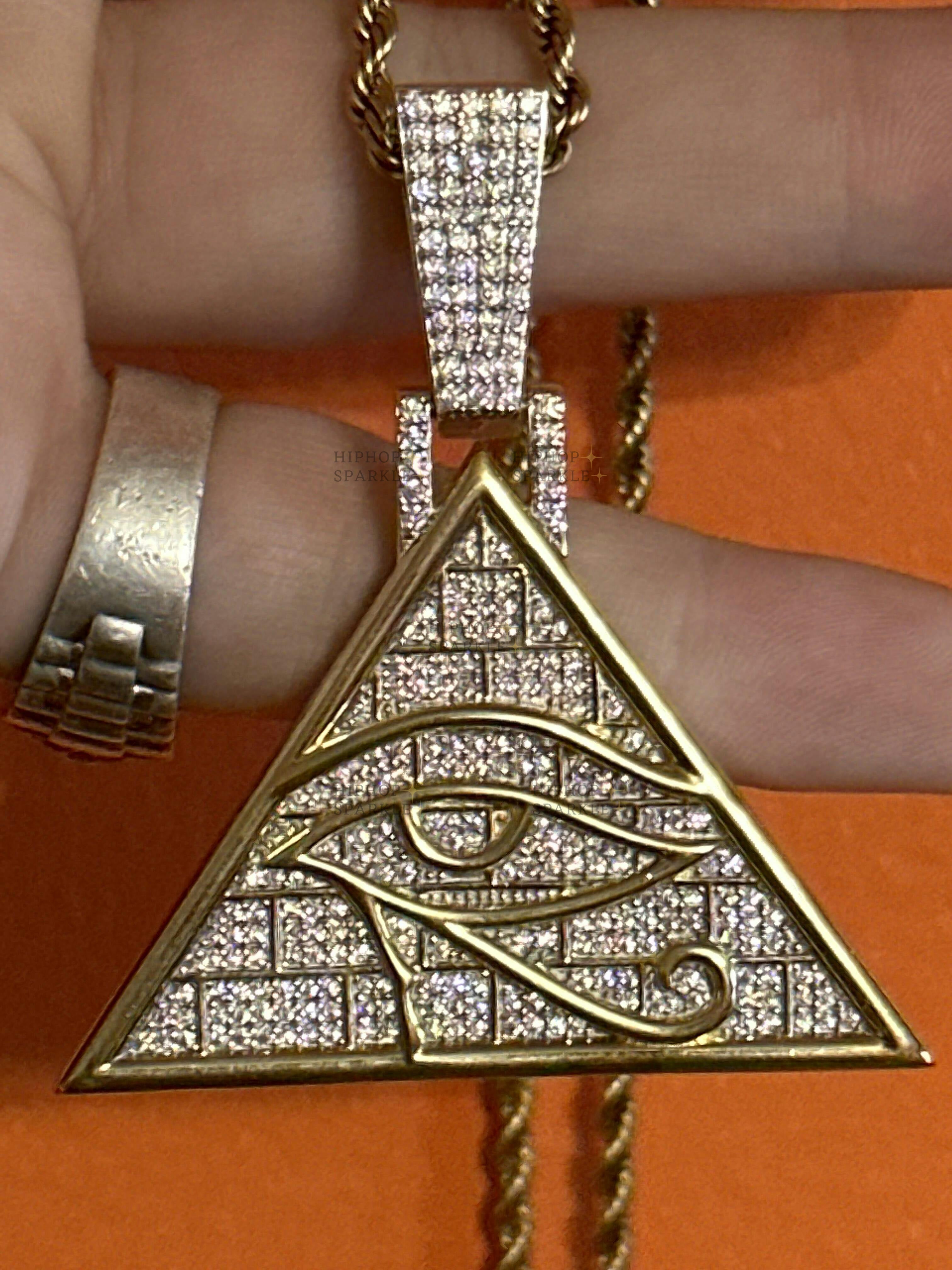 Moissanite Illuminati Eye Masonic Pyramid Medallion Pendant - 14k Gold Vermeil & 925 Silver