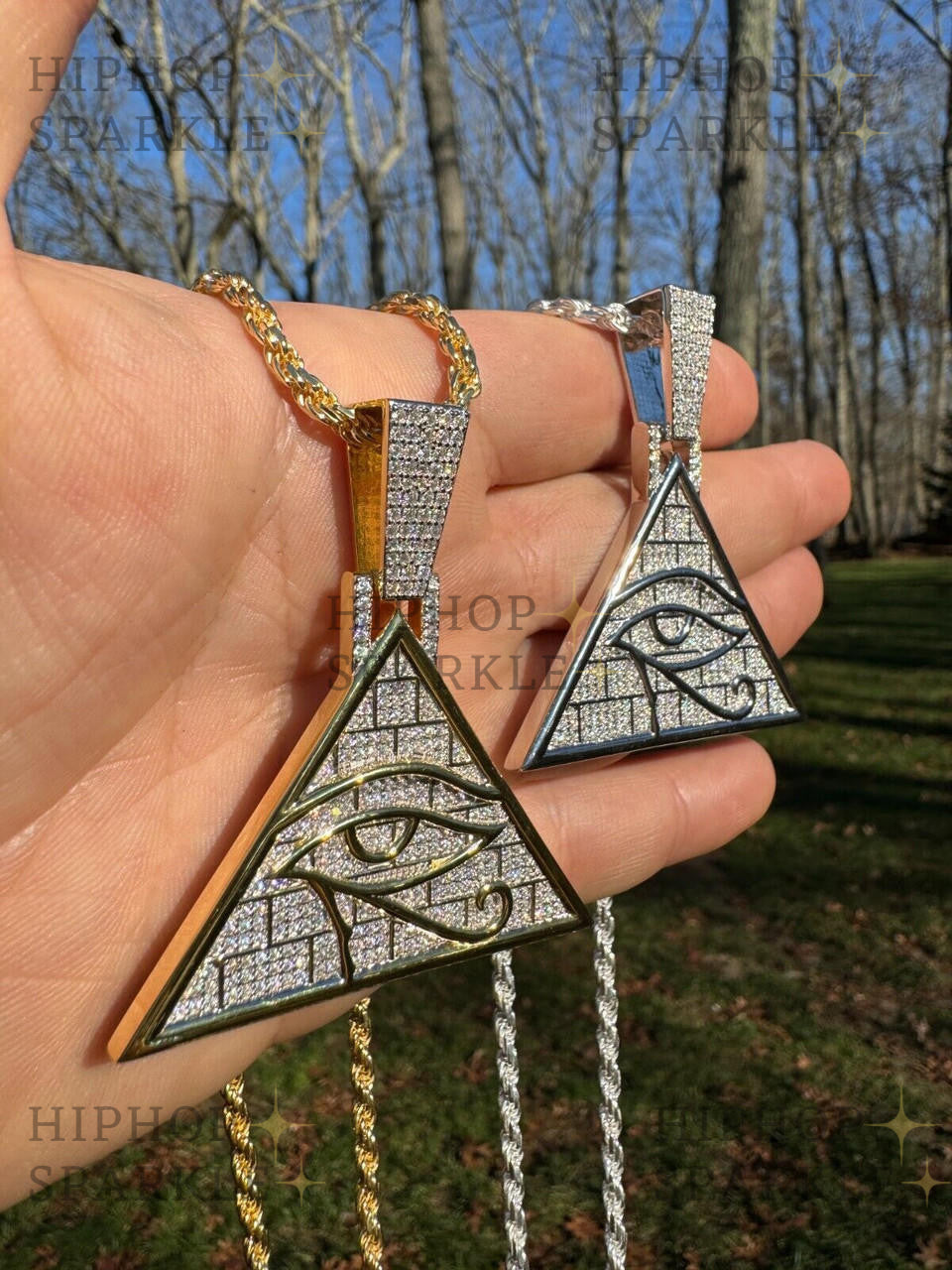 Moissanite Illuminati Eye Masonic Pyramid Medallion Pendant - 14k Gold Vermeil & 925 Silver