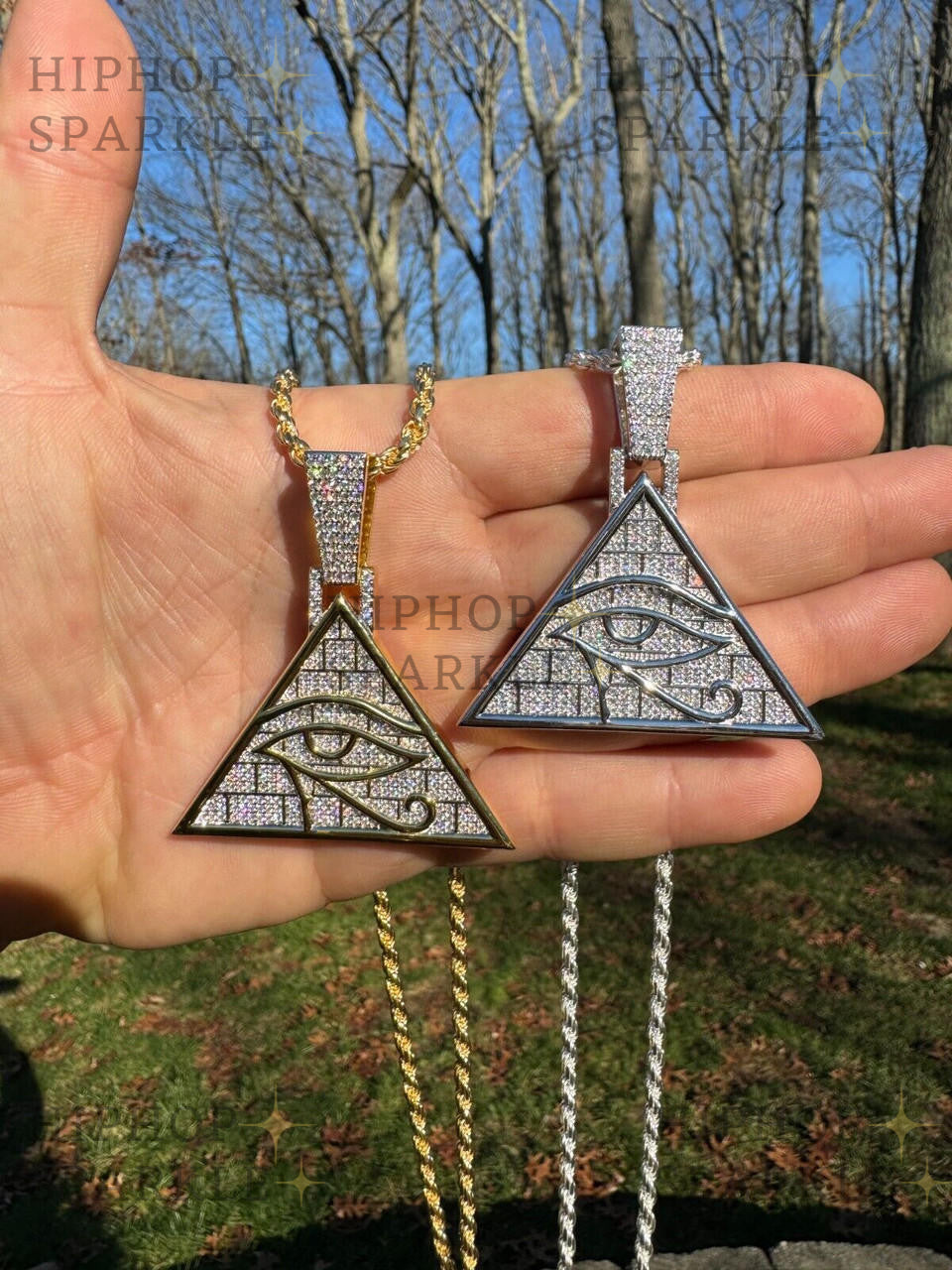 Moissanite Illuminati Eye Masonic Pyramid Medallion Pendant - 14k Gold Vermeil & 925 Silver