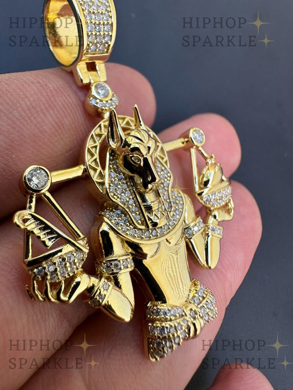 Moissanite Anubis Egyptian Pharaoh Pendant - 14k Gold Vermeil & 925 Silver