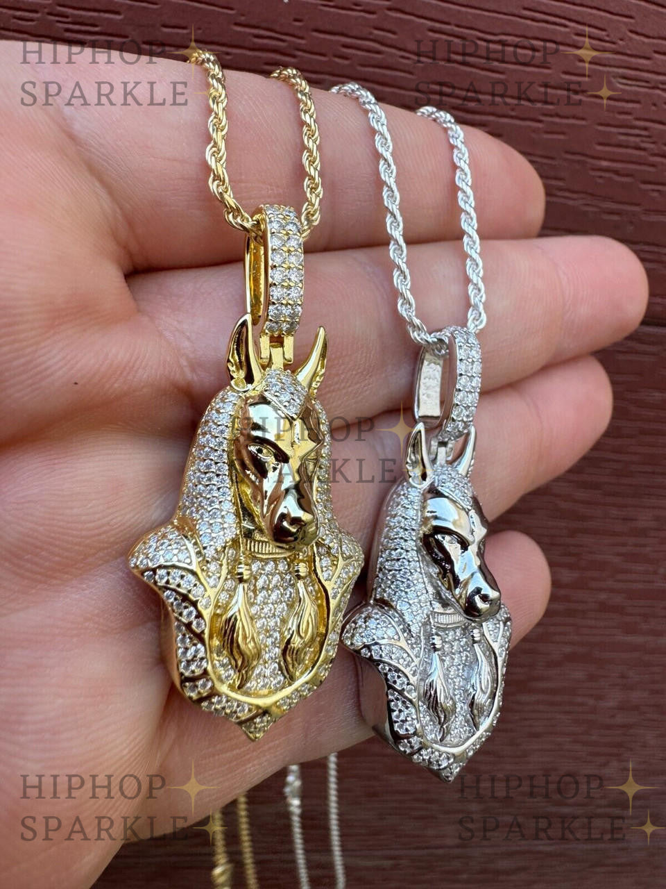 Moissanite Anubis Egyptian Pendant - 14k Gold Vermeil & 925 Silver