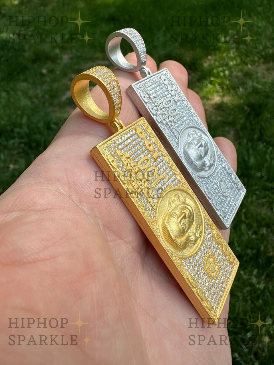 Moissanite Hip Hop $100 Dollar Bill Pendant - 14k Gold Vermeil & 925 Silver