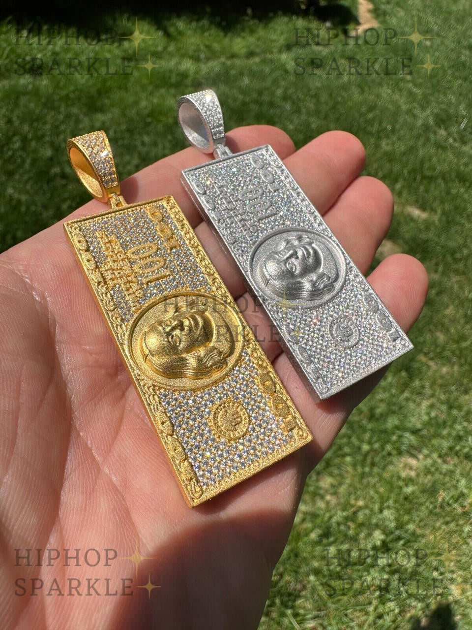 Moissanite Hip Hop $100 Dollar Bill Pendant - 14k Gold Vermeil & 925 Silver