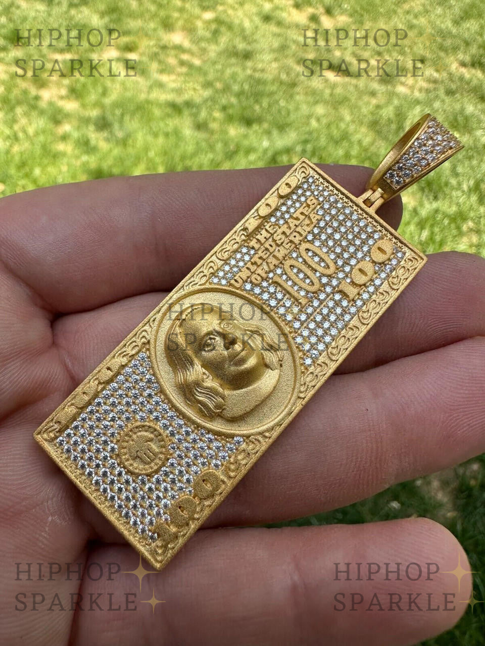 Moissanite Hip Hop $100 Dollar Bill Pendant - 14k Gold Vermeil & 925 Silver