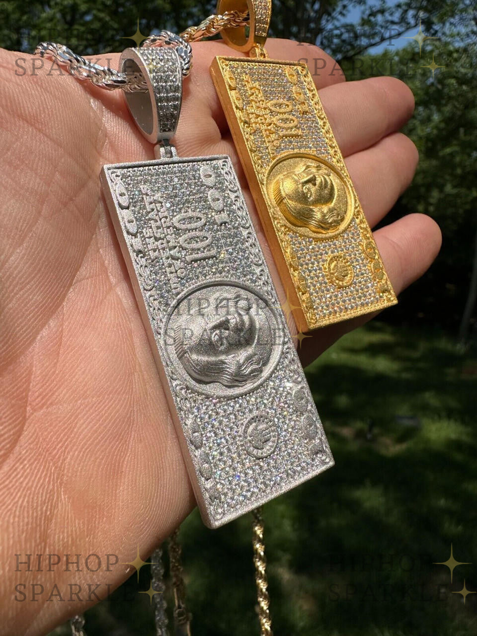 Moissanite Hip Hop $100 Dollar Bill Pendant - 14k Gold Vermeil & 925 Silver