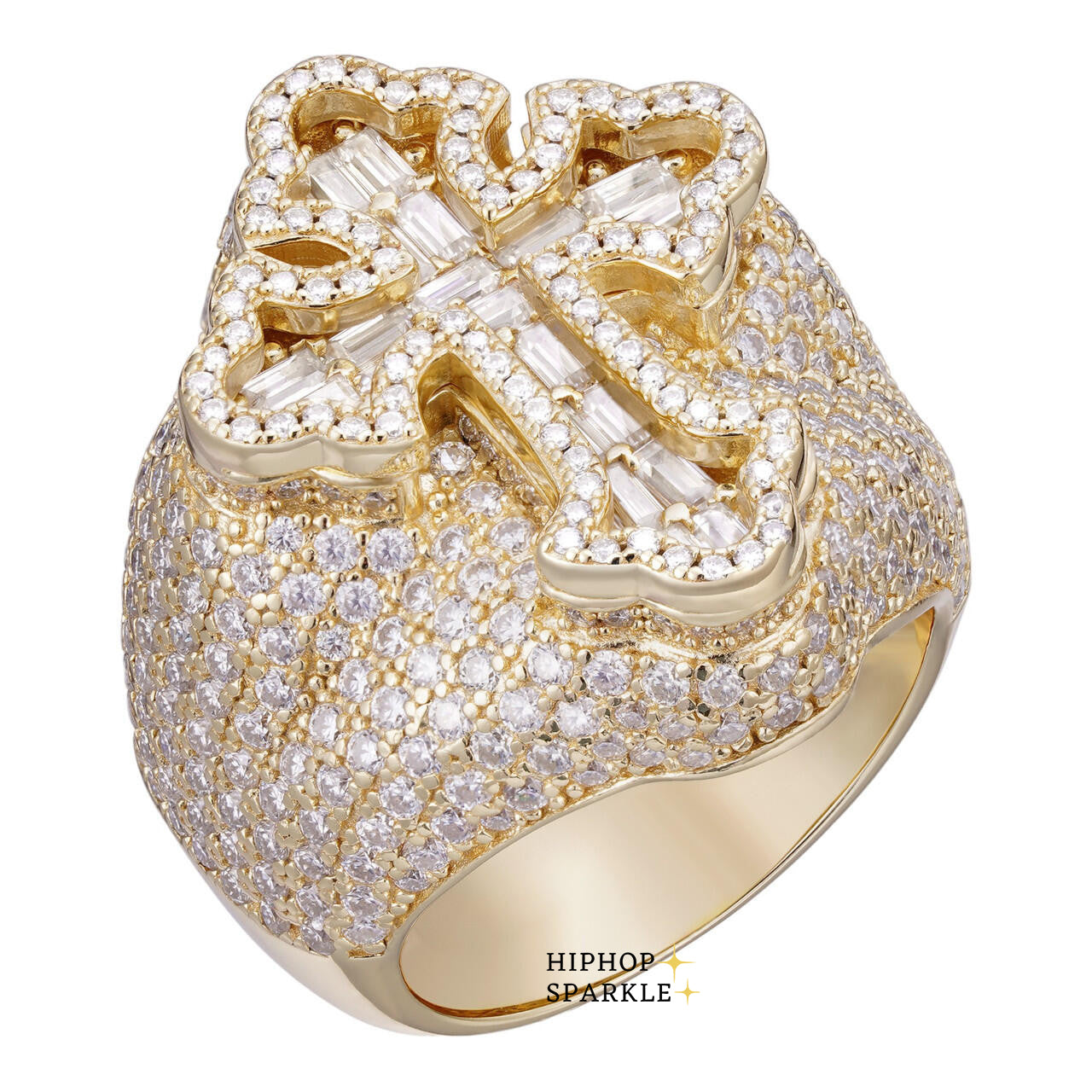 Sophisticated Moissanite Gothic Tupac Cross Ring – Iced Out Baguette in 14k Gold Vermeil & Silver