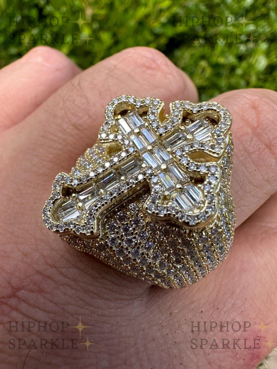 Sophisticated Moissanite Gothic Tupac Cross Ring – Iced Out Baguette in 14k Gold Vermeil & Silver