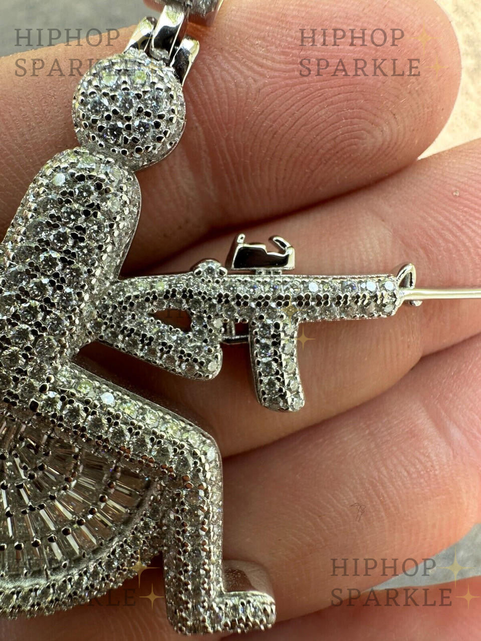 Moissanite Crippled Man In Wheelchair & AK47 Gun Pendant - 14k Gold Vermeil & 925 Silver