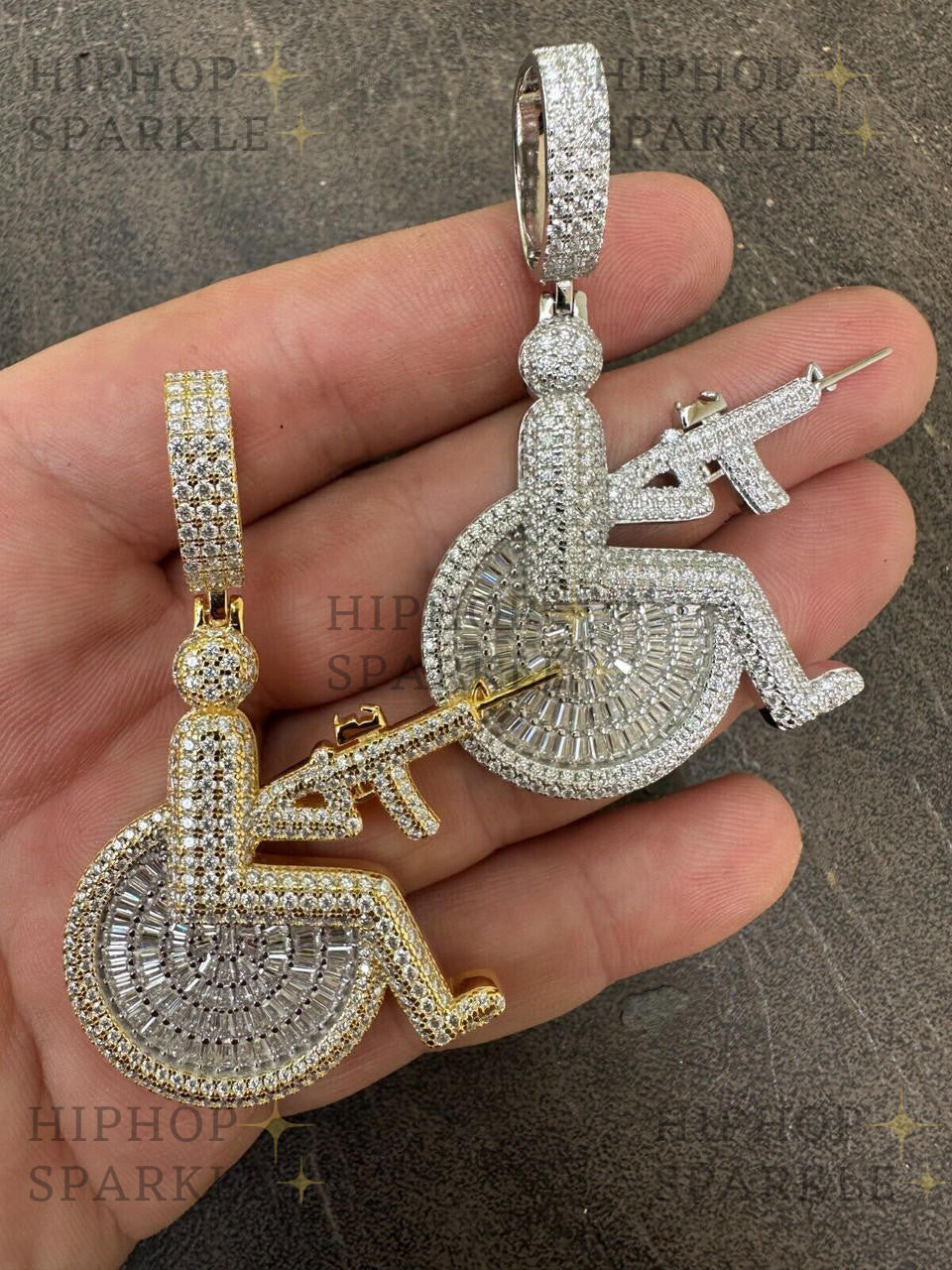 Moissanite Crippled Man In Wheelchair & AK47 Gun Pendant - 14k Gold Vermeil & 925 Silver