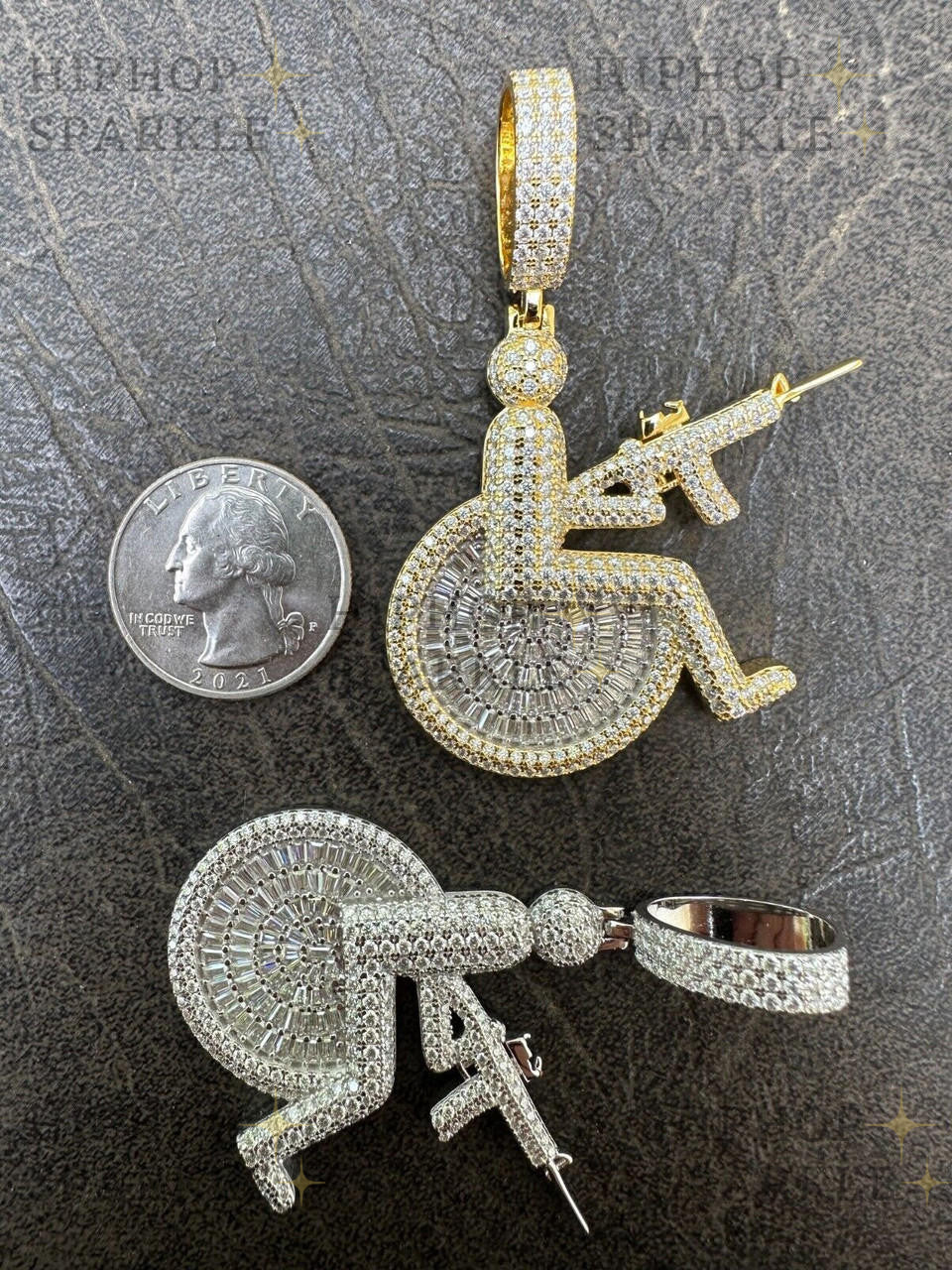 Moissanite Crippled Man In Wheelchair & AK47 Gun Pendant - 14k Gold Vermeil & 925 Silver