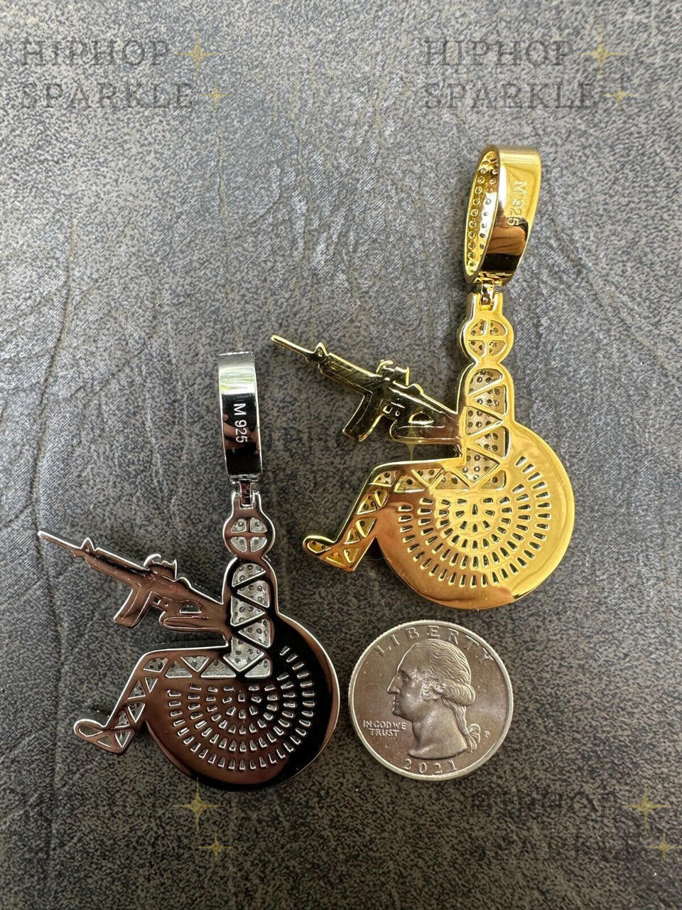 Moissanite Crippled Man In Wheelchair & AK47 Gun Pendant - 14k Gold Vermeil & 925 Silver