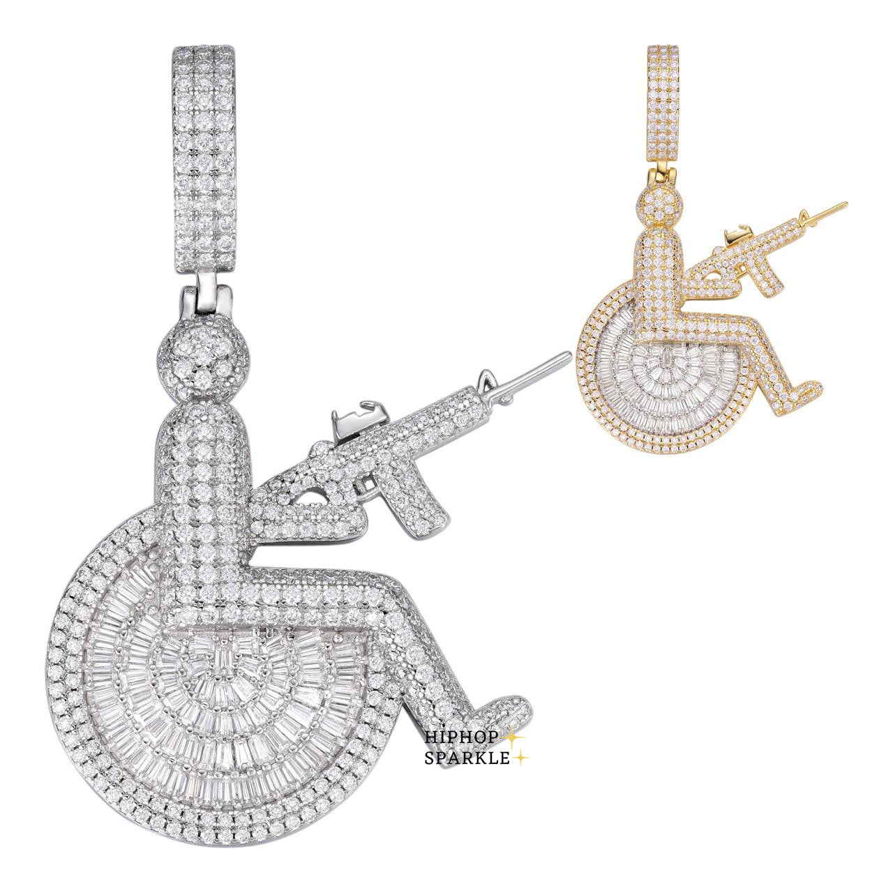 Moissanite Crippled Man In Wheelchair & AK47 Gun Pendant - 14k Gold Vermeil & 925 Silver