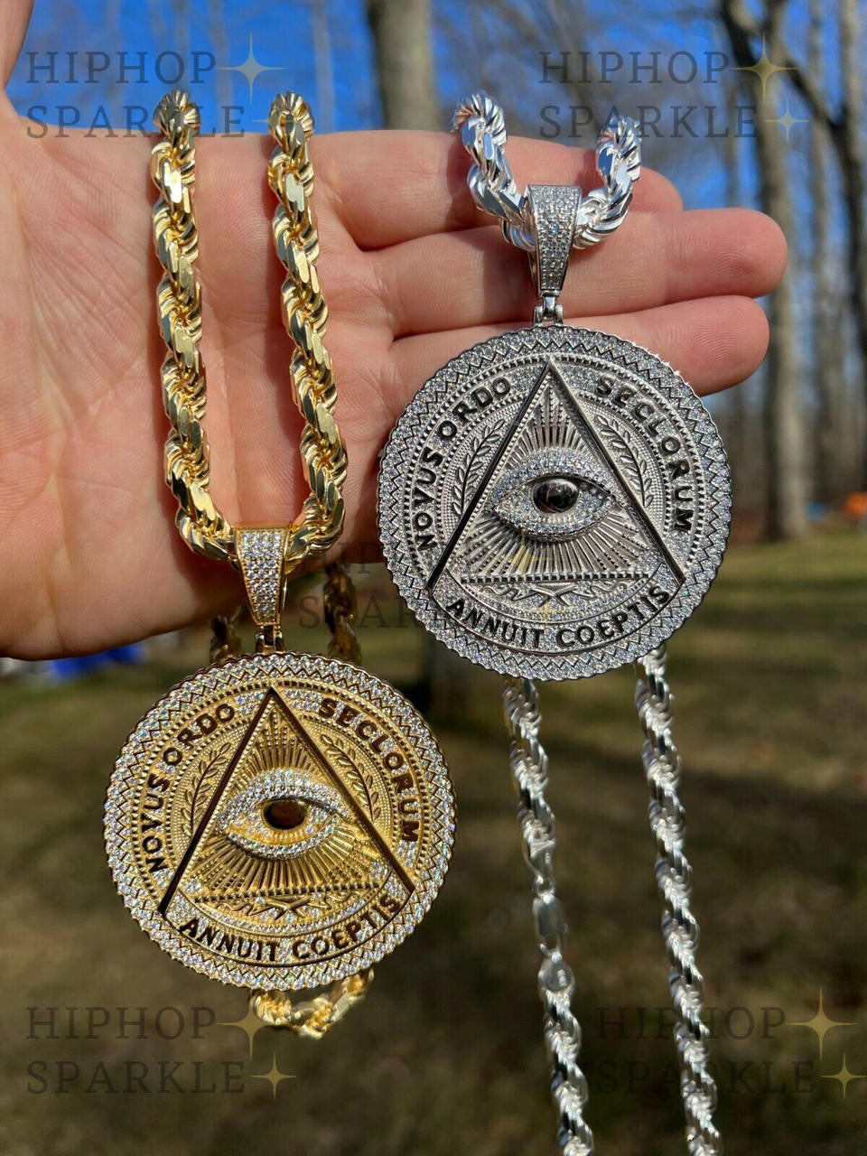 Moissanite Illuminati Eye Masonic Medallion - 14k Gold Vermeil or 925 Silver