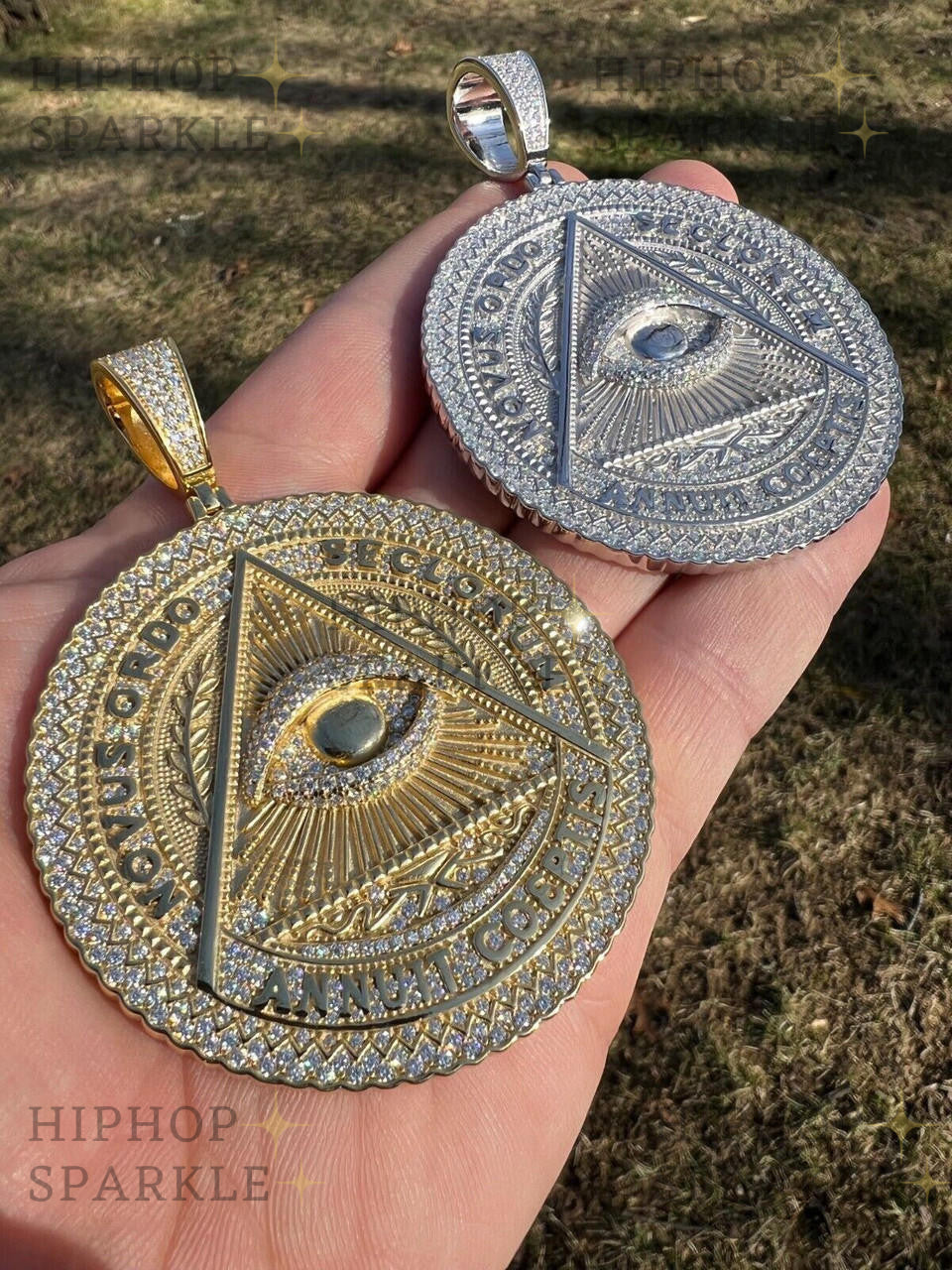 Moissanite Illuminati Eye Masonic Medallion - 14k Gold Vermeil or 925 Silver