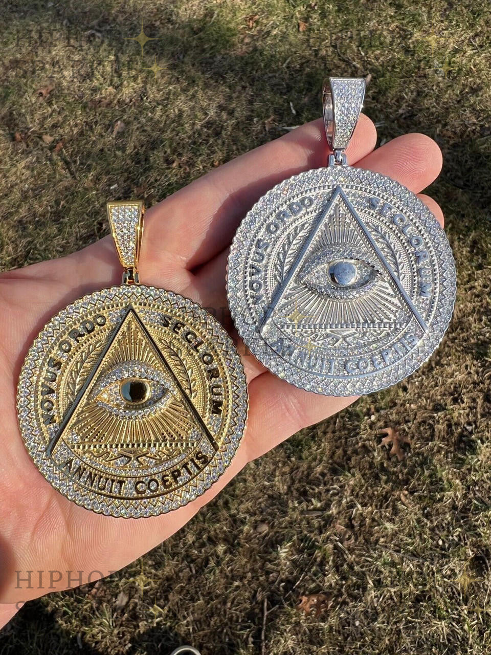 Moissanite Illuminati Eye Masonic Medallion - 14k Gold Vermeil or 925 Silver