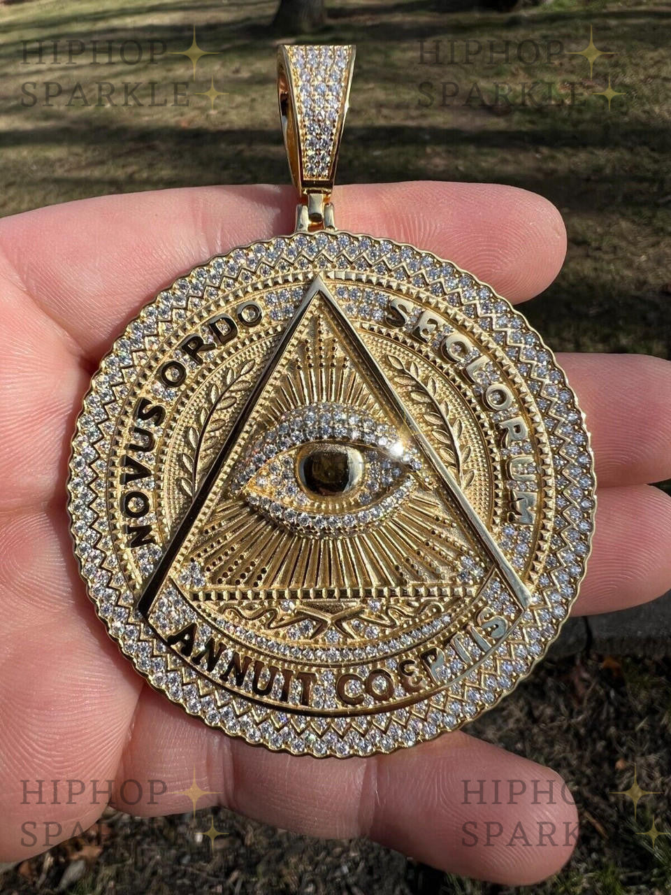 Moissanite Illuminati Eye Masonic Medallion - 14k Gold Vermeil or 925 Silver