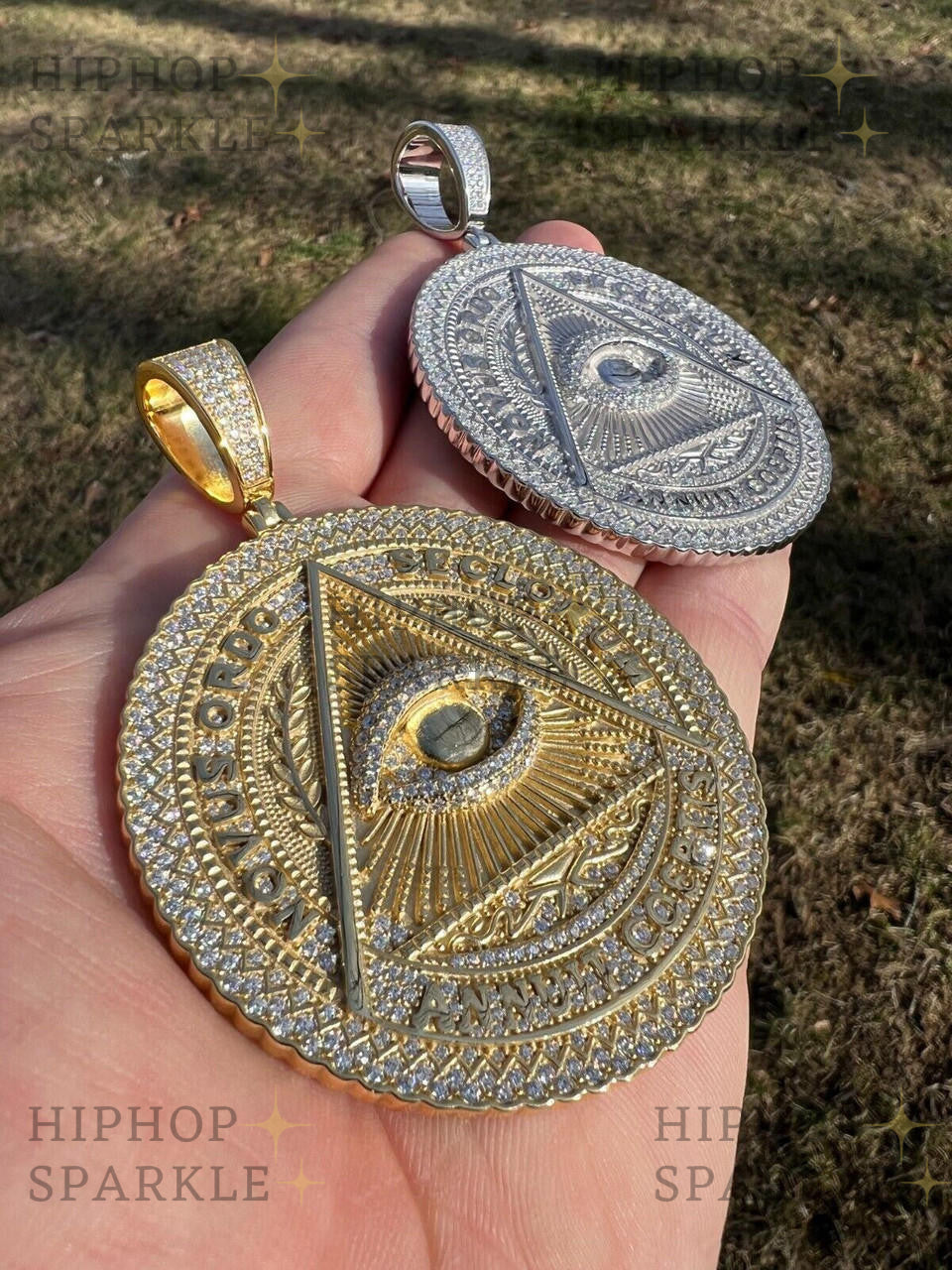 Moissanite Illuminati Eye Masonic Medallion - 14k Gold Vermeil or 925 Silver