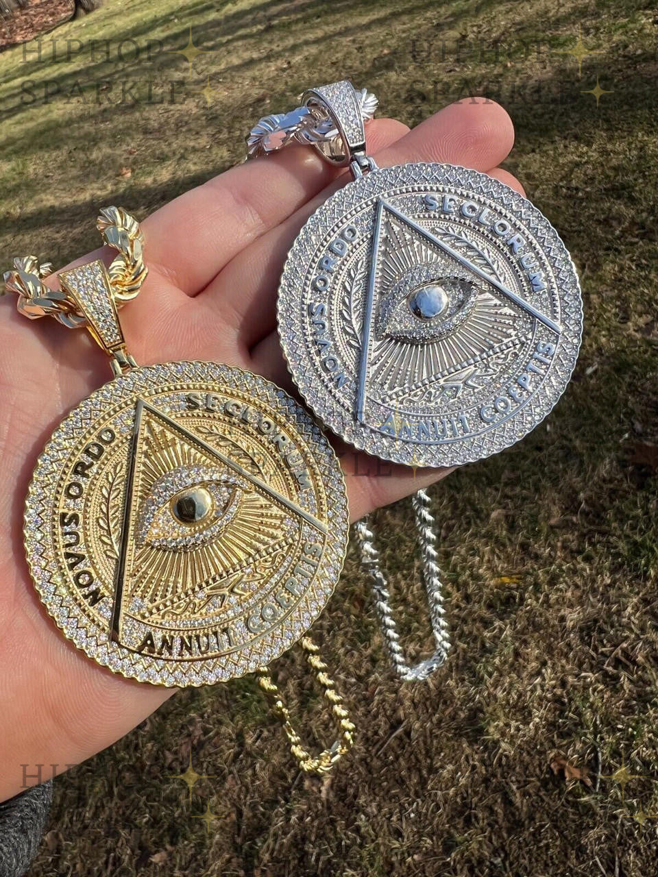 Moissanite Illuminati Eye Masonic Medallion - 14k Gold Vermeil or 925 Silver