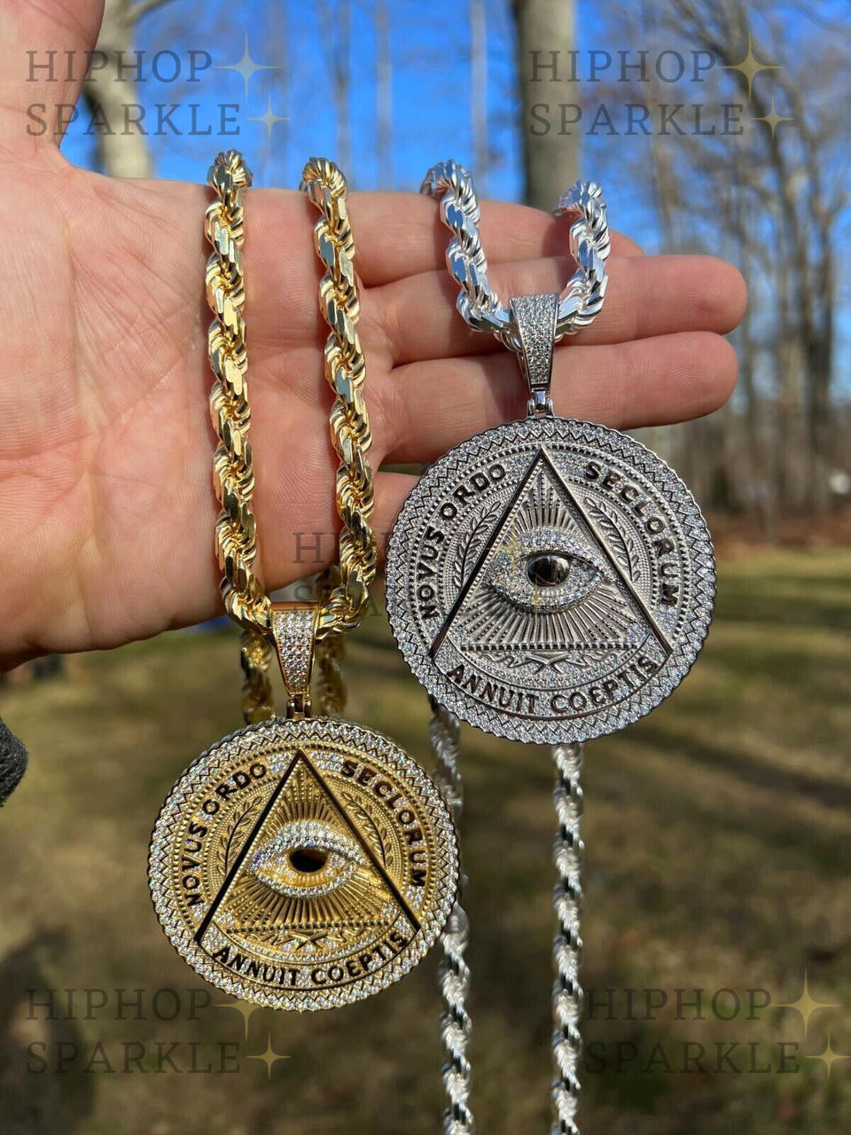 Moissanite Illuminati Eye Masonic Medallion - 14k Gold Vermeil or 925 Silver