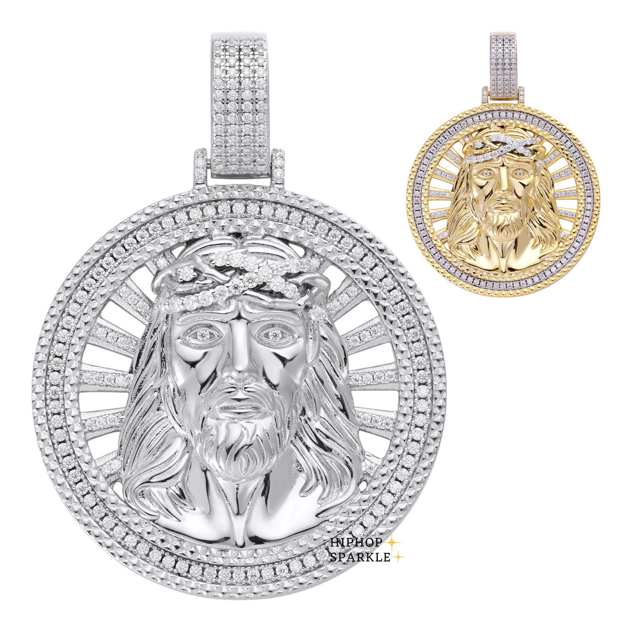 Moissanite Jesus Round Medallion Pendant - 14k Gold Vermeil & 925 Silver