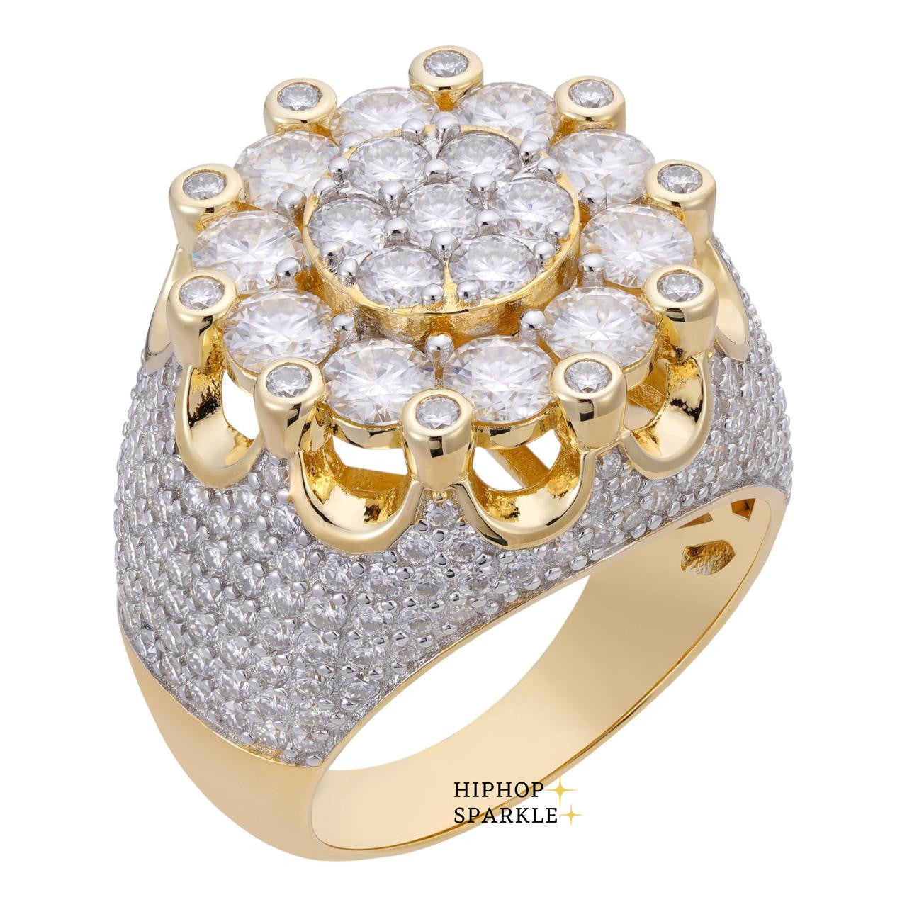 Luxury Moissanite Large Royal Crown Ring – Iced Out 14k Gold Vermeil & Silver