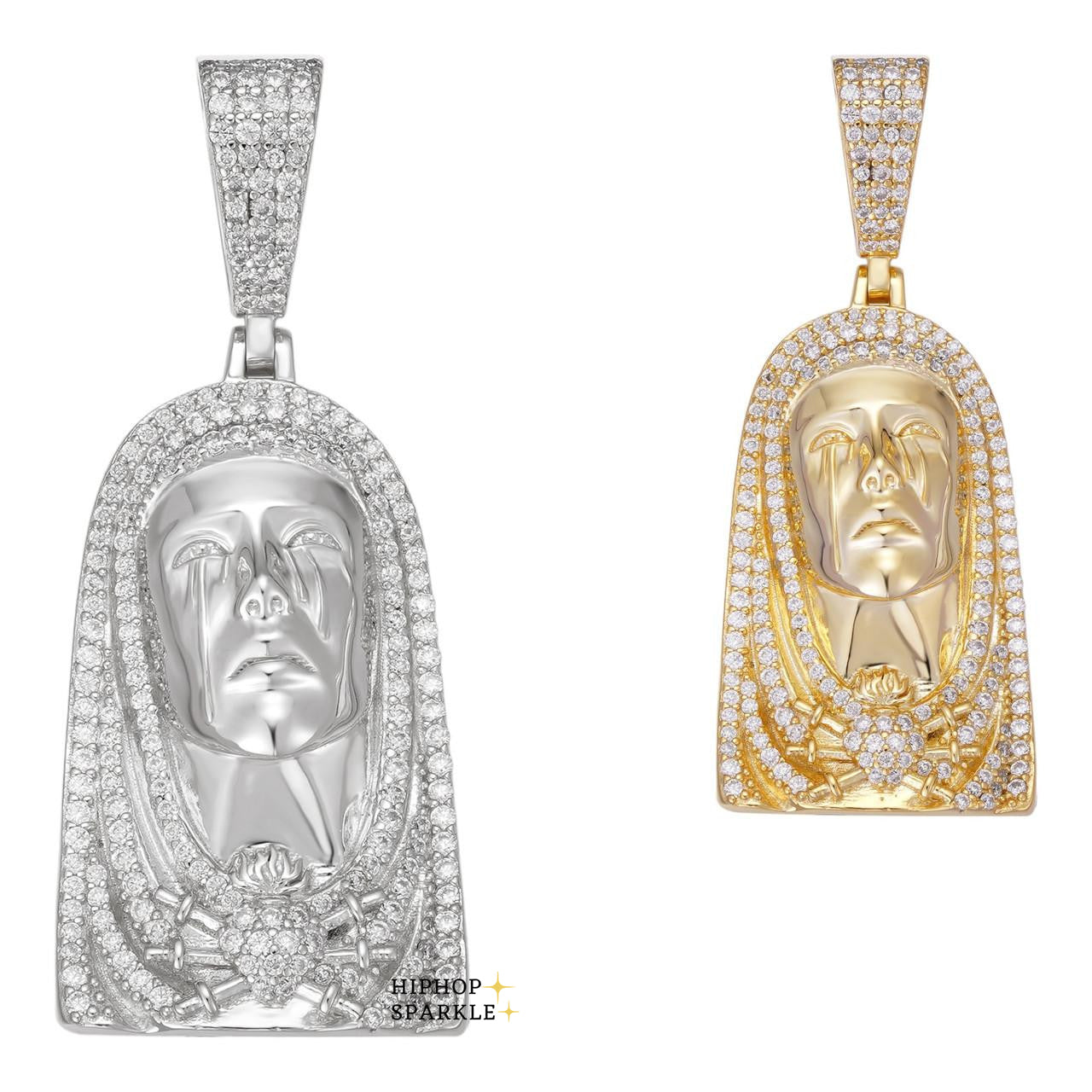 Moissanite Our Lady of Sorrows Virgin Mary Pendant - 14k Yellow Gold Vermeil & 925 Silver