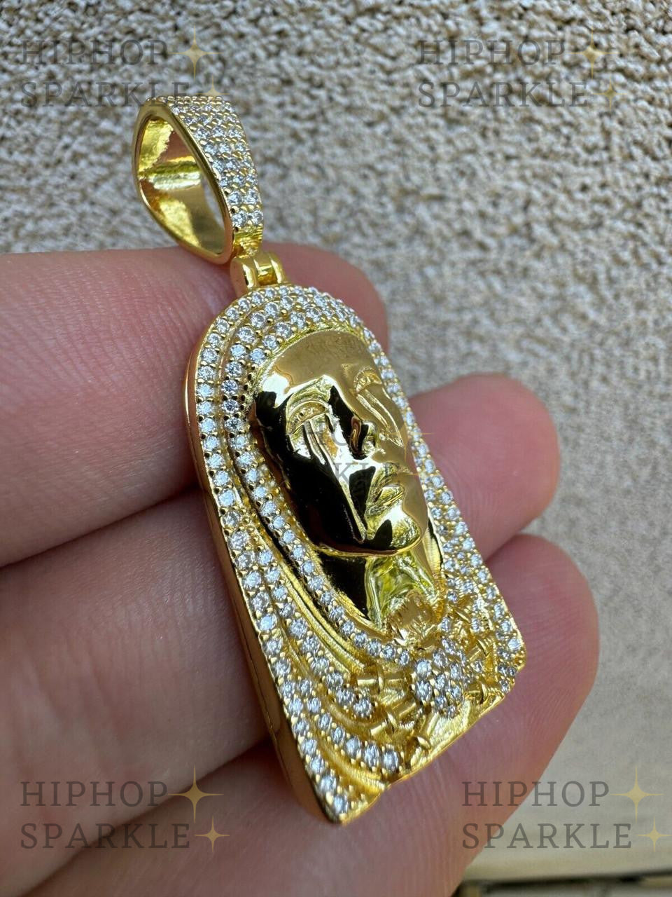 Moissanite Our Lady of Sorrows Virgin Mary Pendant - 14k Yellow Gold Vermeil & 925 Silver