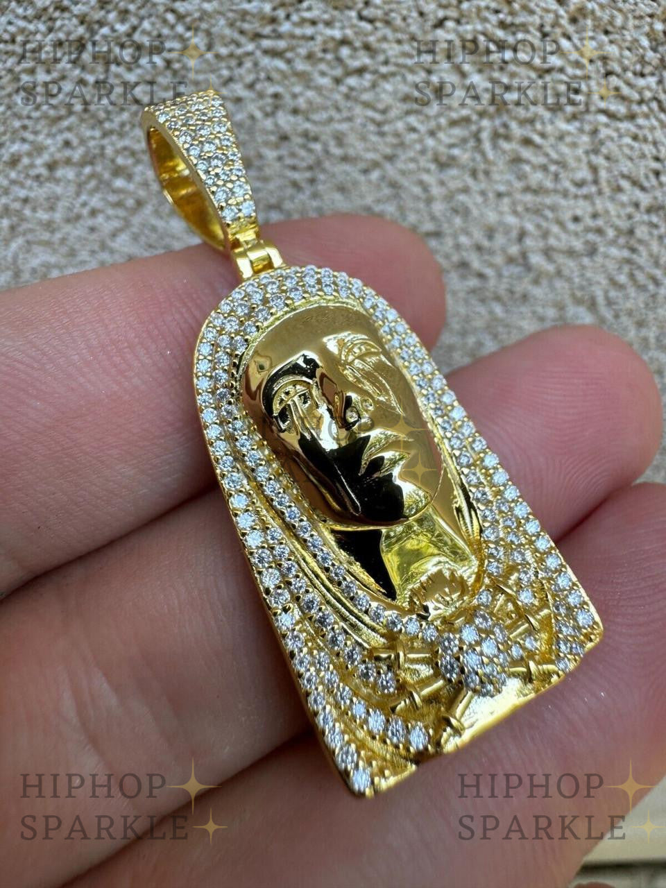 Moissanite Our Lady of Sorrows Virgin Mary Pendant - 14k Yellow Gold Vermeil & 925 Silver