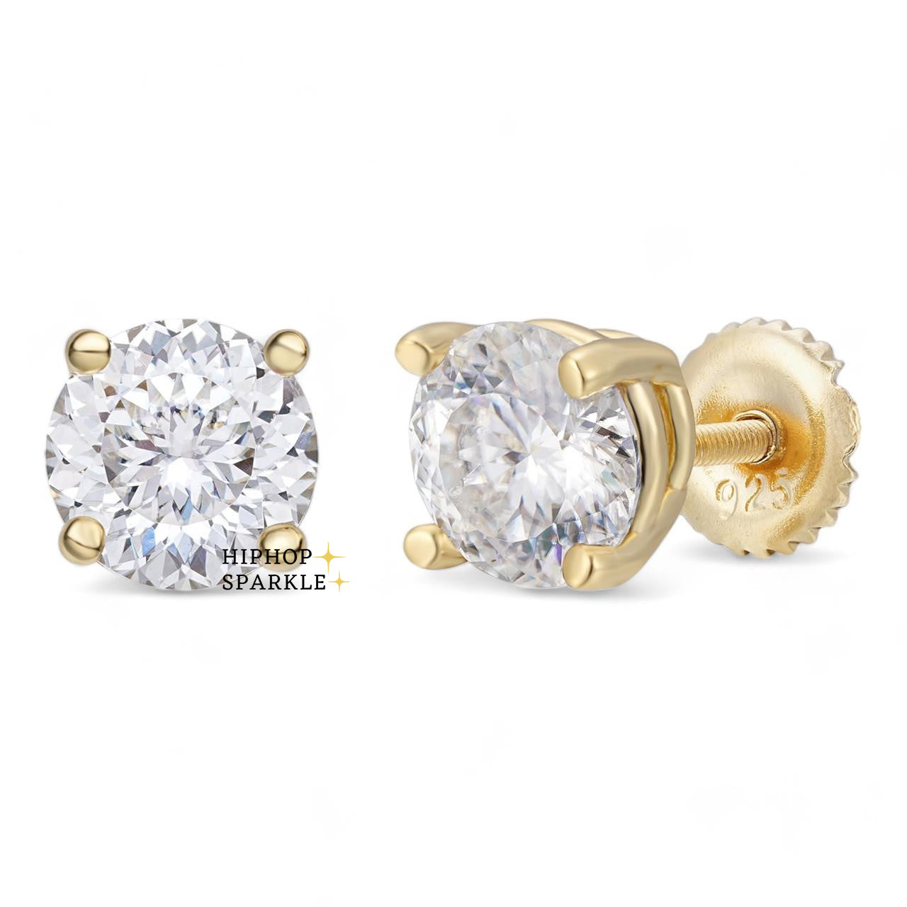 Moissanite Portuguese Cut Solitaire Stud Earrings - 100 Facets, 14k Gold Vermeil & 925 Silver