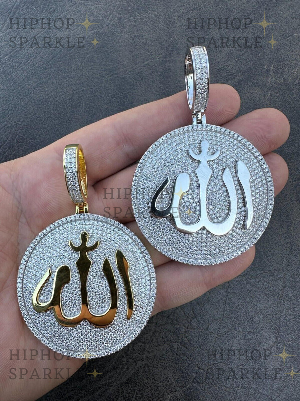 Moissanite Iced Out Allah Medallion Arabic Pendant - 14k Gold Vermeil & 925 Silver