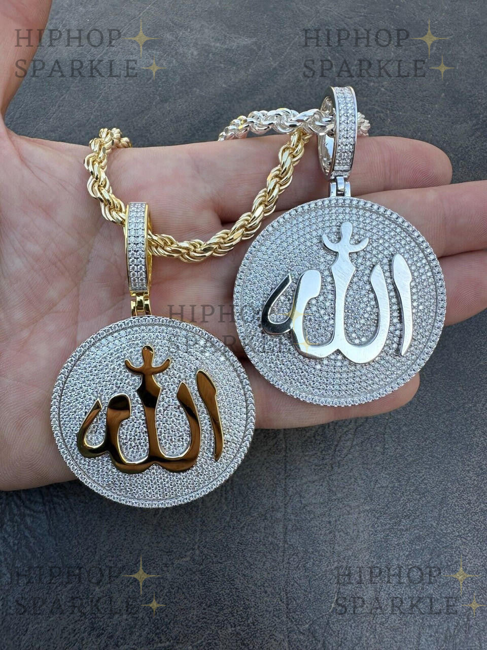 Moissanite Iced Out Allah Medallion Arabic Pendant - 14k Gold Vermeil & 925 Silver